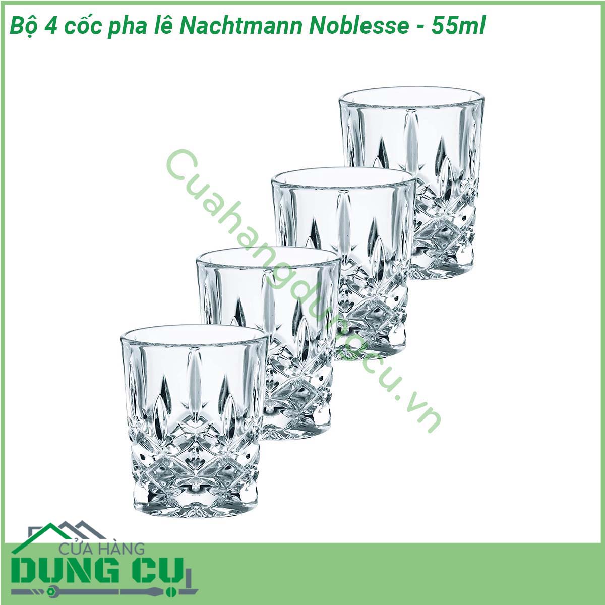 Bộ 4 cốc pha lê Nachtmann Noblesse - 55ml được làm từ chất liệu pha lê không chì sản xuất theo tiêu chuẩn của Đức cẩn thận từ khâu chọn nguyên liệu được nung ở nhiệt độ cao trên 1500oC vì vậy hoàn toàn có thể yên tâm về độ trong độ bền và độ an toàn không chứa chì an toàn cho sức khỏe người tiêu dùng