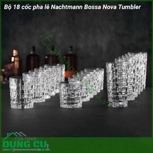 Bộ 18 cốc pha lê Nachtmann Bossa Nova Tumbler kiểu dáng hiện đại tinh tế sang trọng độc đáo Được tạo ra bởi những nhà thiết kế xuất sắc  Bộ 18 cốc pha lê Nachtmann Bossa Nova được chế tác với nghệ thuật thổi thủ công truyền thống nổi tiếng của Đức Các công đoạn chế tác như ép thổi cắt đánh bóng được tiến hành cầu kỳ tỷ mỉ đạt tới tiêu chuẩn hoàn hảo nhất