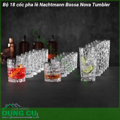 Bộ 18 cốc pha lê Nachtmann Bossa Nova Tumbler kiểu dáng hiện đại tinh tế sang trọng độc đáo Được tạo ra bởi những nhà thiết kế xuất sắc  Bộ 18 cốc pha lê Nachtmann Bossa Nova được chế tác với nghệ thuật thổi thủ công truyền thống nổi tiếng của Đức Các công đoạn chế tác như ép thổi cắt đánh bóng được tiến hành cầu kỳ tỷ mỉ đạt tới tiêu chuẩn hoàn hảo nhất