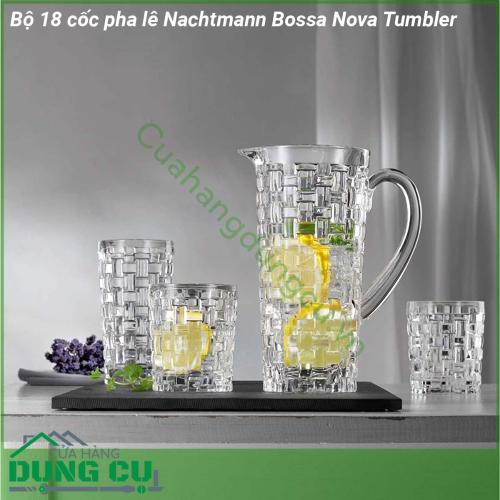 Bộ 18 cốc pha lê Nachtmann Bossa Nova Tumbler kiểu dáng hiện đại tinh tế sang trọng độc đáo Được tạo ra bởi những nhà thiết kế xuất sắc  Bộ 18 cốc pha lê Nachtmann Bossa Nova được chế tác với nghệ thuật thổi thủ công truyền thống nổi tiếng của Đức Các công đoạn chế tác như ép thổi cắt đánh bóng được tiến hành cầu kỳ tỷ mỉ đạt tới tiêu chuẩn hoàn hảo nhất