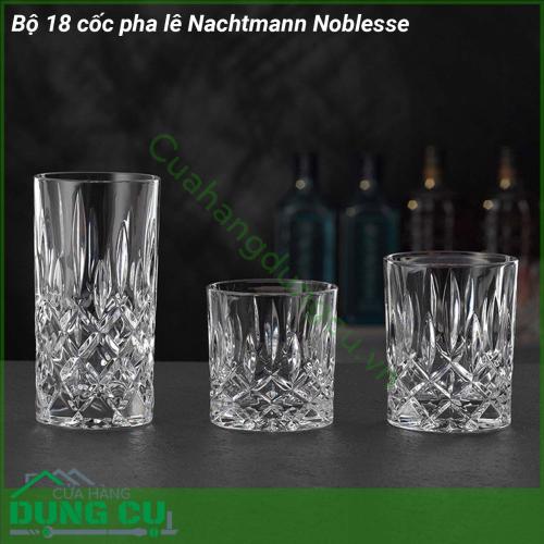 Bộ 18 cốc pha lê Nachtmann Noblesse được tạo ra bởi những nhà thiết kế xuất sắc kiểu dáng hiện đại tinh tế sang trọng độc đáo  Bộ 18 cốc pha lê Nachtmann Noblesse nhẹ bền có khả năng chịu lực tốt màu sắc và độ sáng bóng không bị mai một với thời gian