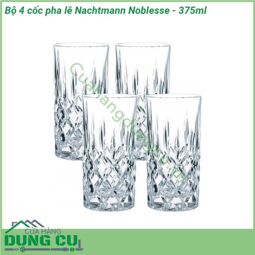 Bộ 4 cốc pha lê Nachtmann Noblesse - 375ml được làm từ pha lê tốt đủ bền để sử dụng hàng ngày Pha lê Nachtmann cực kỳ bền và tiện dụng chất liệu pha lê chất lượng cao khúc xạ ánh sáng rực rỡ khiến bộ đĩa thực sự sang trọng và nổi bật Pha lê Nachtmann là món quà lý tưởng cho những dịp sinh nhật đám cưới hoặc lễ tết  Pha lê Natchmann nhẹ mà bền màu sắc và độ sáng bóng không bị mai một với thời gian