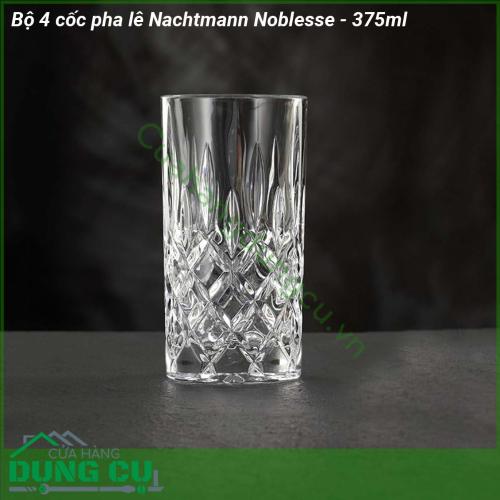 Bộ 4 cốc pha lê Nachtmann Noblesse - 375ml được làm từ pha lê tốt đủ bền để sử dụng hàng ngày Pha lê Nachtmann cực kỳ bền và tiện dụng chất liệu pha lê chất lượng cao khúc xạ ánh sáng rực rỡ khiến bộ đĩa thực sự sang trọng và nổi bật Pha lê Nachtmann là món quà lý tưởng cho những dịp sinh nhật đám cưới hoặc lễ tết  Pha lê Natchmann nhẹ mà bền màu sắc và độ sáng bóng không bị mai một với thời gian