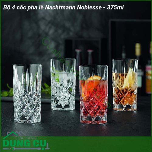 Bộ 4 cốc pha lê Nachtmann Noblesse - 375ml được làm từ pha lê tốt đủ bền để sử dụng hàng ngày Pha lê Nachtmann cực kỳ bền và tiện dụng chất liệu pha lê chất lượng cao khúc xạ ánh sáng rực rỡ khiến bộ đĩa thực sự sang trọng và nổi bật Pha lê Nachtmann là món quà lý tưởng cho những dịp sinh nhật đám cưới hoặc lễ tết  Pha lê Natchmann nhẹ mà bền màu sắc và độ sáng bóng không bị mai một với thời gian