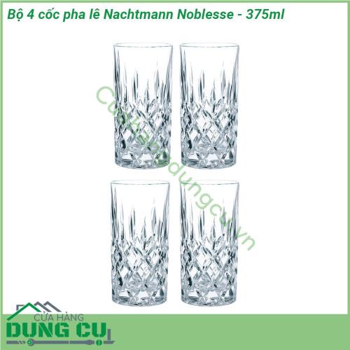 Bộ 4 cốc pha lê Nachtmann Noblesse - 375ml được làm từ pha lê tốt đủ bền để sử dụng hàng ngày Pha lê Nachtmann cực kỳ bền và tiện dụng chất liệu pha lê chất lượng cao khúc xạ ánh sáng rực rỡ khiến bộ đĩa thực sự sang trọng và nổi bật Pha lê Nachtmann là món quà lý tưởng cho những dịp sinh nhật đám cưới hoặc lễ tết  Pha lê Natchmann nhẹ mà bền màu sắc và độ sáng bóng không bị mai một với thời gian