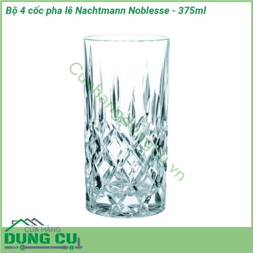 Bộ 4 cốc pha lê Nachtmann Noblesse - 375ml được làm từ pha lê tốt đủ bền để sử dụng hàng ngày Pha lê Nachtmann cực kỳ bền và tiện dụng chất liệu pha lê chất lượng cao khúc xạ ánh sáng rực rỡ khiến bộ đĩa thực sự sang trọng và nổi bật Pha lê Nachtmann là món quà lý tưởng cho những dịp sinh nhật đám cưới hoặc lễ tết  Pha lê Natchmann nhẹ mà bền màu sắc và độ sáng bóng không bị mai một với thời gian