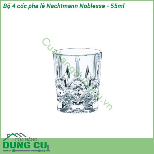 Bộ 4 cốc pha lê Nachtmann Noblesse - 55ml được làm từ chất liệu pha lê không chì sản xuất theo tiêu chuẩn của Đức cẩn thận từ khâu chọn nguyên liệu được nung ở nhiệt độ cao trên 1500oC vì vậy hoàn toàn có thể yên tâm về độ trong độ bền và độ an toàn không chứa chì an toàn cho sức khỏe người tiêu dùng