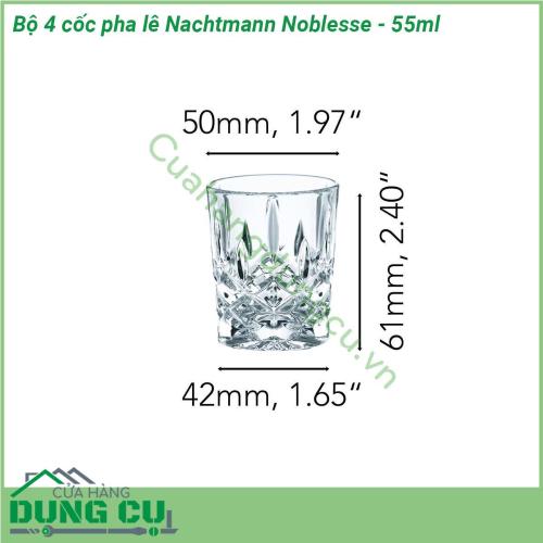 Bộ 4 cốc pha lê Nachtmann Noblesse - 55ml được làm từ chất liệu pha lê không chì sản xuất theo tiêu chuẩn của Đức cẩn thận từ khâu chọn nguyên liệu được nung ở nhiệt độ cao trên 1500oC vì vậy hoàn toàn có thể yên tâm về độ trong độ bền và độ an toàn không chứa chì an toàn cho sức khỏe người tiêu dùng