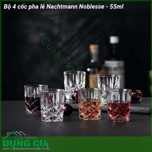 Bộ 4 cốc pha lê Nachtmann Noblesse - 55ml được làm từ chất liệu pha lê không chì sản xuất theo tiêu chuẩn của Đức cẩn thận từ khâu chọn nguyên liệu được nung ở nhiệt độ cao trên 1500oC vì vậy hoàn toàn có thể yên tâm về độ trong độ bền và độ an toàn không chứa chì an toàn cho sức khỏe người tiêu dùng