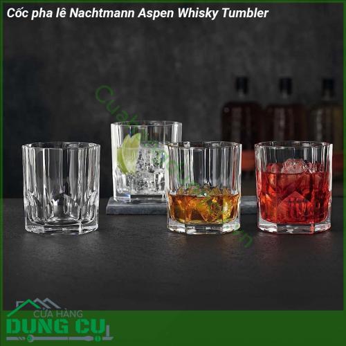 Cốc pha lê Nachtmann Aspen Whisky Tumbler set 4 với chất liệu là pha lê không chì đảm bảo sức khoẻ tuổi thọ cực cao cầm nặng tay và sử dụng công nghệ chống vỡ xước và rạn nứt hiệu quả  Những chiếc cốc pha lê này hoàn hảo cho các loại rượu whisky hảo hạng cocktail nước trái cây và nước ngọt