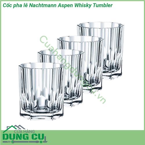 Cốc pha lê Nachtmann Aspen Whisky Tumbler set 4 với chất liệu là pha lê không chì đảm bảo sức khoẻ tuổi thọ cực cao cầm nặng tay và sử dụng công nghệ chống vỡ xước và rạn nứt hiệu quả  Những chiếc cốc pha lê này hoàn hảo cho các loại rượu whisky hảo hạng cocktail nước trái cây và nước ngọt