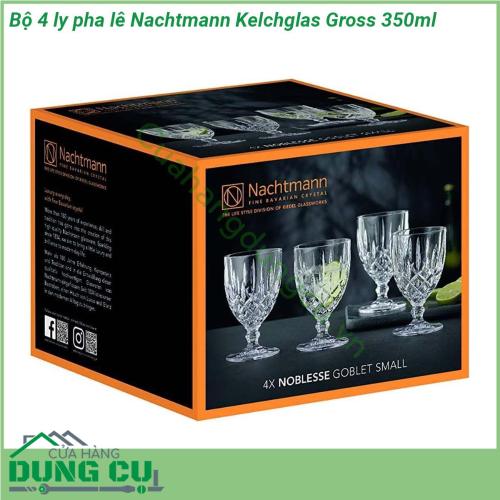 Bộ 4 ly pha lê Nachtmann Kelchglas Gross 350ml làm từ chất liệu kính pha lê kết hợp họa tiết trang trí được tạo nhiều góc cạnh giống kim cương nên bắt và phản chiếu màu sắc cực đẹp Chính những đăc điểm này tạo nên nét sang trọng độc đáo và đẳng cấp của bộ sản phẩm Chỉ cần đặt bộ sản phẩm này ở bất kỳ vị trí nào trong căn nhà của bạn như phòng khách phòng bếp phòng ngủ thì nó đều tạo nên được điểm nhấn và nét nổi bật riêng