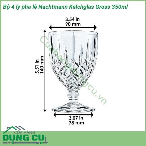 Bộ 4 ly pha lê Nachtmann Kelchglas Gross 350ml làm từ chất liệu kính pha lê kết hợp họa tiết trang trí được tạo nhiều góc cạnh giống kim cương nên bắt và phản chiếu màu sắc cực đẹp Chính những đăc điểm này tạo nên nét sang trọng độc đáo và đẳng cấp của bộ sản phẩm Chỉ cần đặt bộ sản phẩm này ở bất kỳ vị trí nào trong căn nhà của bạn như phòng khách phòng bếp phòng ngủ thì nó đều tạo nên được điểm nhấn và nét nổi bật riêng