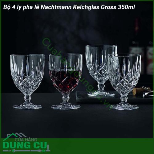 Bộ 4 ly pha lê Nachtmann Kelchglas Gross 350ml làm từ chất liệu kính pha lê kết hợp họa tiết trang trí được tạo nhiều góc cạnh giống kim cương nên bắt và phản chiếu màu sắc cực đẹp Chính những đăc điểm này tạo nên nét sang trọng độc đáo và đẳng cấp của bộ sản phẩm Chỉ cần đặt bộ sản phẩm này ở bất kỳ vị trí nào trong căn nhà của bạn như phòng khách phòng bếp phòng ngủ thì nó đều tạo nên được điểm nhấn và nét nổi bật riêng