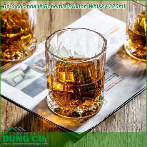 Bộ 6 cốc pha lê Bohemia Brixton Whisky 320ml gồm 6 chiếc được thiết kế từ những người thợ có tay nghề thủ công hàng thế kỷ những chiếc cốc pha rượu whisky thiết kế ấn tượng với hoa văn sống động tạo phong cách độc đáo chuyên dùng cho rượu whisky đồ uống