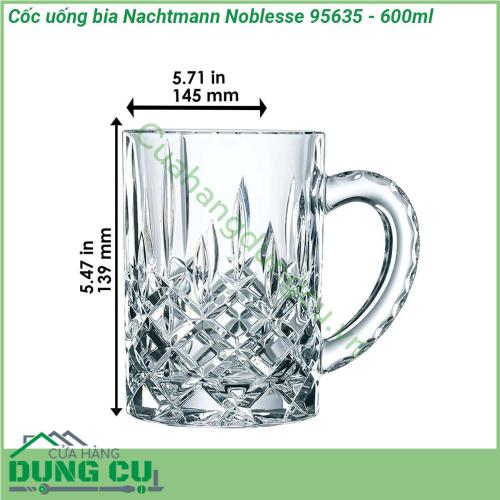 Cốc uống bia Nachtmann Noblesse 95635 - 600ml được chế tác với nghệ thuật thổi thủ công truyền thống nổi tiếng của Đức Các công đoạn chế tác như ép thổi cắt đánh bóng được tiến hành cầu kỳ tỷ mỉ đạt tới tiêu chuẩn hoàn hảo nhất  Kiểu dáng hiện đại tinh tế sang trọng độc đáo Được tạo ra bởi những nhà thiết kế xuất sắc Sản phẩm cực bền có khả năng chịu lực tốt màu sắc và độ sáng bóng không bị mai một với thời gian