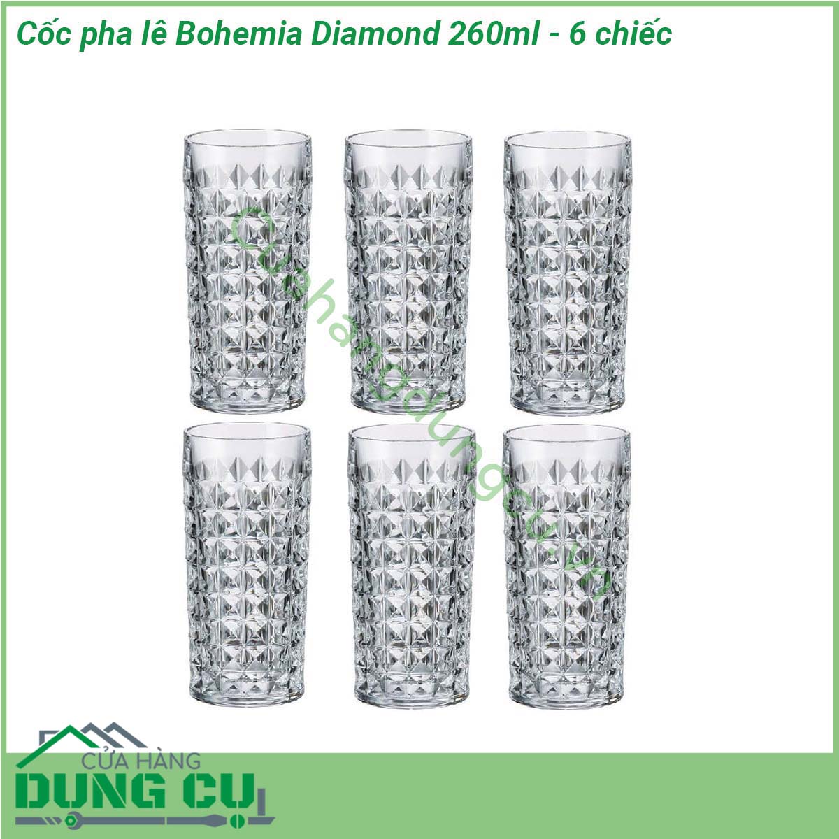 Cốc pha lê Bohemia Diamond 260ml - 6 chiếc có độ bền cao giữ nhiệt tốt thiết kế đơn giản thanh lịch và phù hợp với tính chất của rượu giúp giữ trọn mùi vị và làm lan tỏa hương vị của rượu một hiệu quả Cốc Pha Lê Diamond 260ml được thiết kế  mài giũa cực kì bắt mắt Thiết kế cũng được chú trọng nhằm đảm bảo không bị trơn trượt