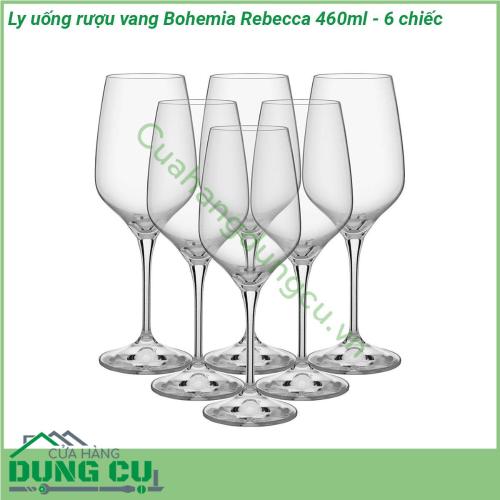 Ly uống rượu vang Bohemia Rebecca 460ml - 6 chiếc được làm bằng chất liệu là pha lê không chì đảm bảo sức khoẻ tuổi thọ cực cao cầm nặng tay và sử dụng công nghệ chống vỡ xước và rạn nứt hiệu quả Dung tích ly 460ml dùng để uống rượu vang nước hoa quả đồ uống màu sắc tại căn bếp gia đình nhà hàng khách sạn