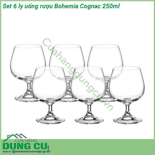 Set 6 ly uống rượu Bohemia Cognac 250ml được làm từ chất liệu cao cấp không chứa chì an toàn với sức khỏe và có độ bền vượt trội độ bóng vĩnh cửu độ trong suốt cao và âm thanh rất hấp dẫn khi cụng ly