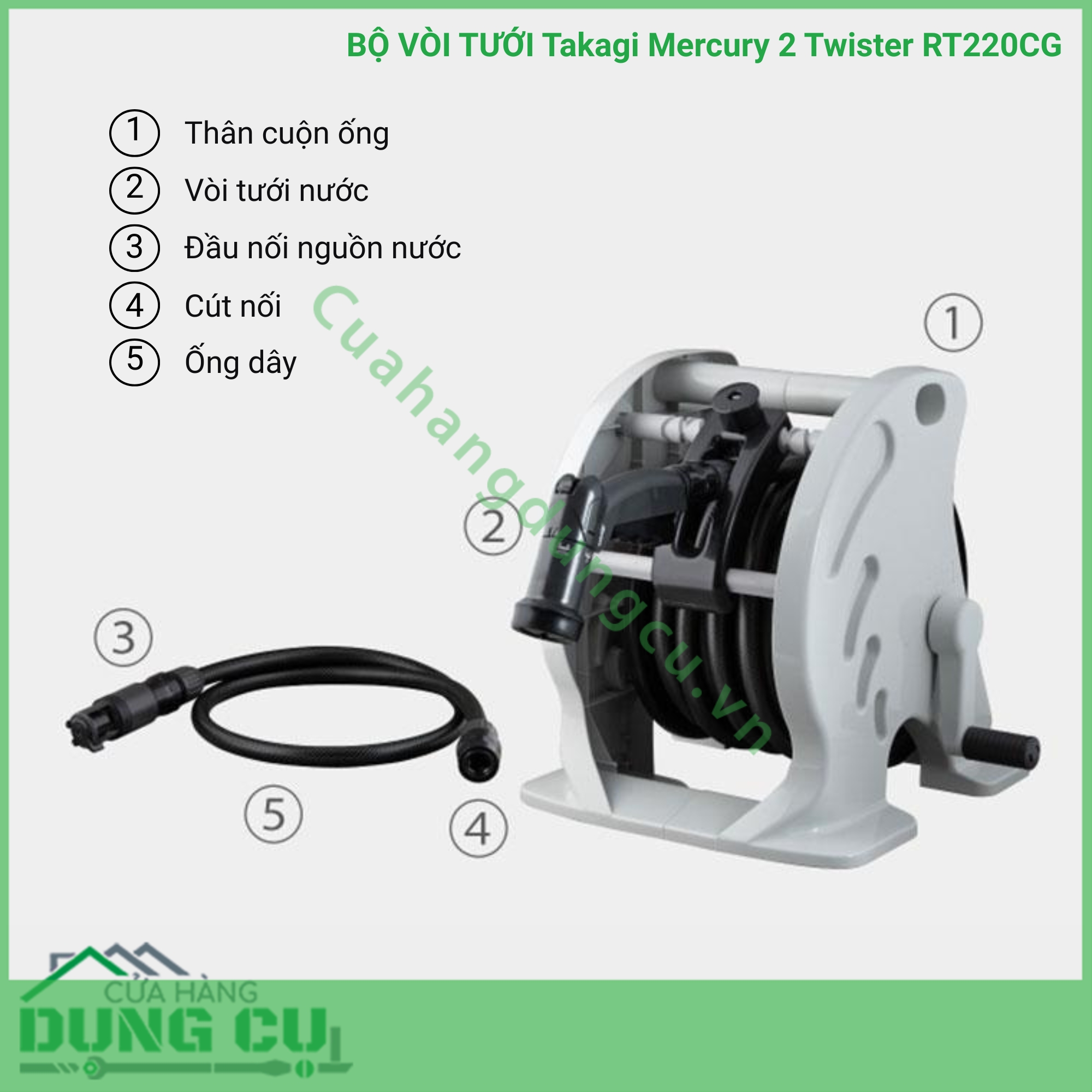 Bộ vòi thu rút tưới vườn Takagi Mercury 2 Twister (CG) 20m RT220CG
