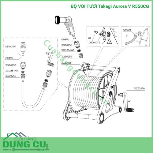 Bộ vòi thu rút tưới vườn Takagi Aurora V 50m R550CG